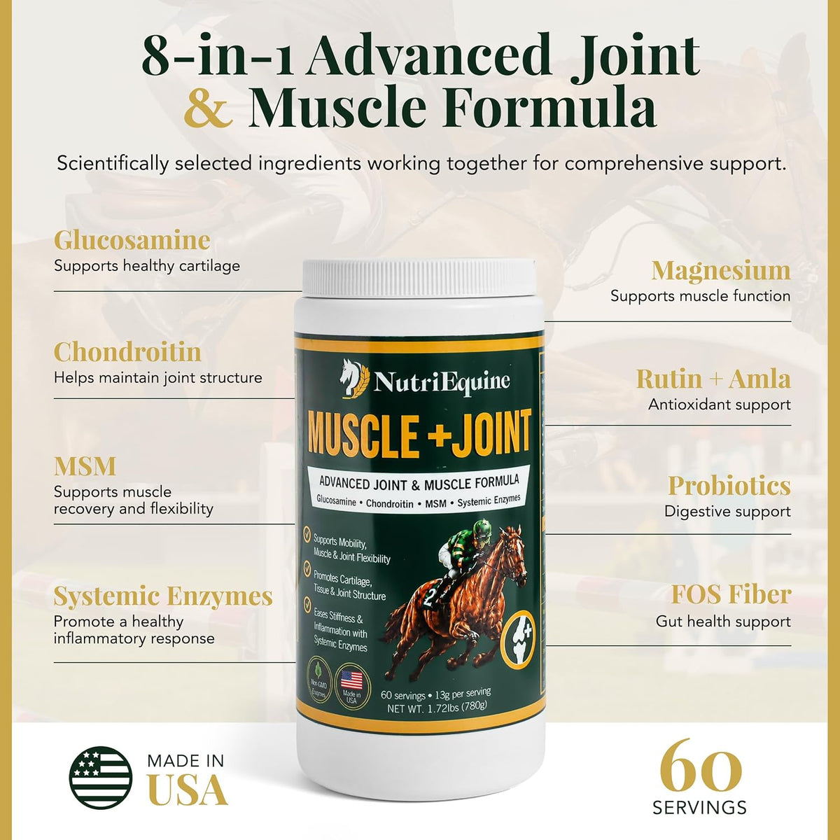 8-in-1 advanced joint and muscle formula: glucosamine, chondroitin, MSM, systemic enzymes, magnesium, rutin and amla, probiotics, FOS fiber
